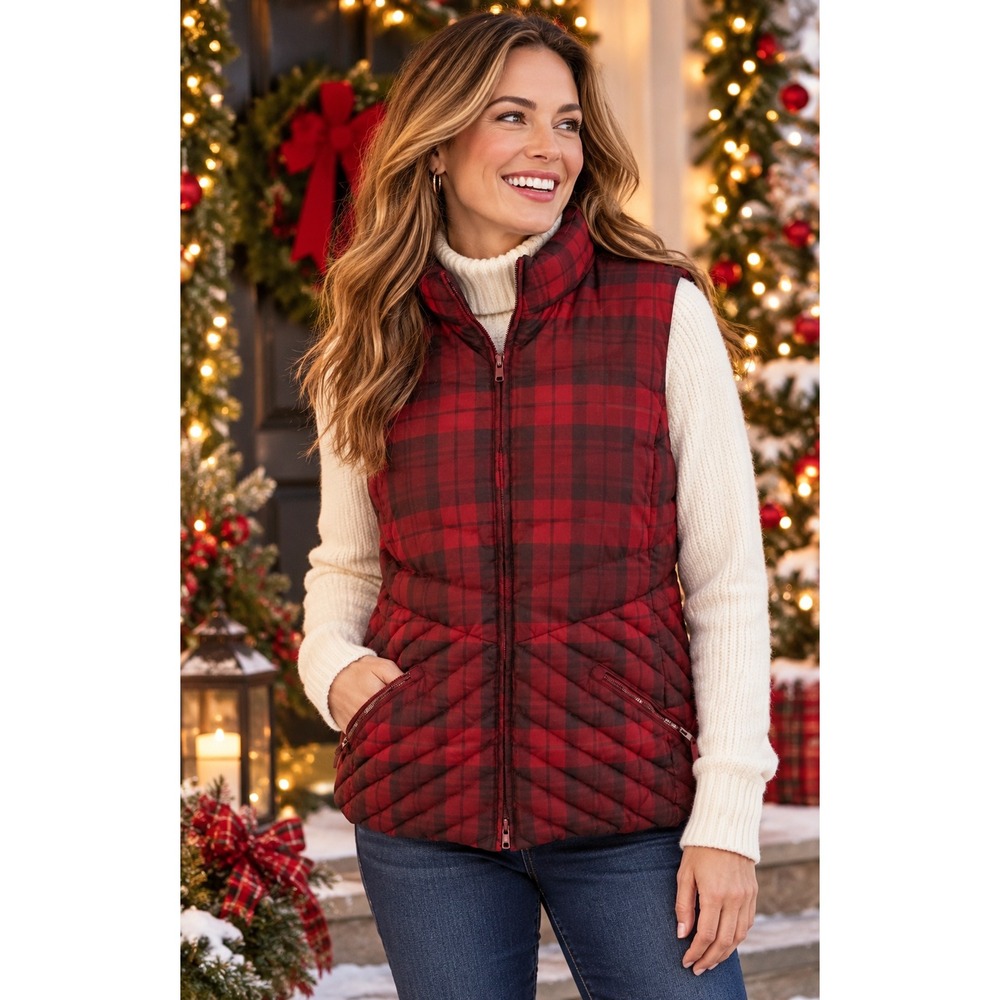Talbots Red Black Chevron Quilted Down Puffer Vest Plaid Tartan Holiday Size XL
